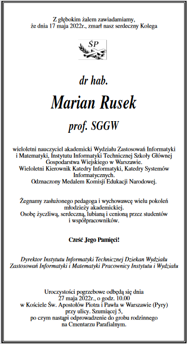 Dr. hab. Marian Rusek, prof. SGGW, nekrolog
